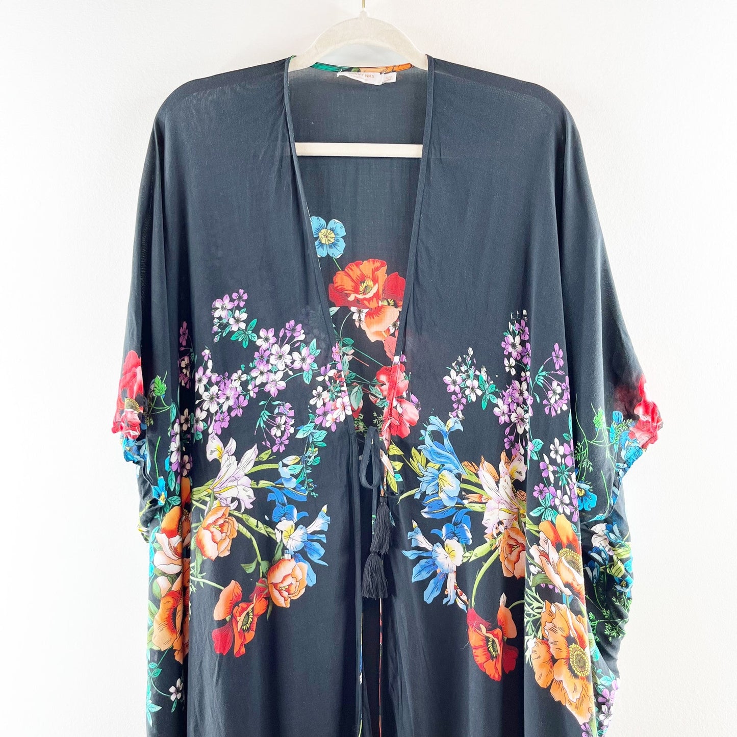 Johnny Was Flower Arch Short Sleeve Midi Kaftan Kimono Cover Up Dress Black S/M