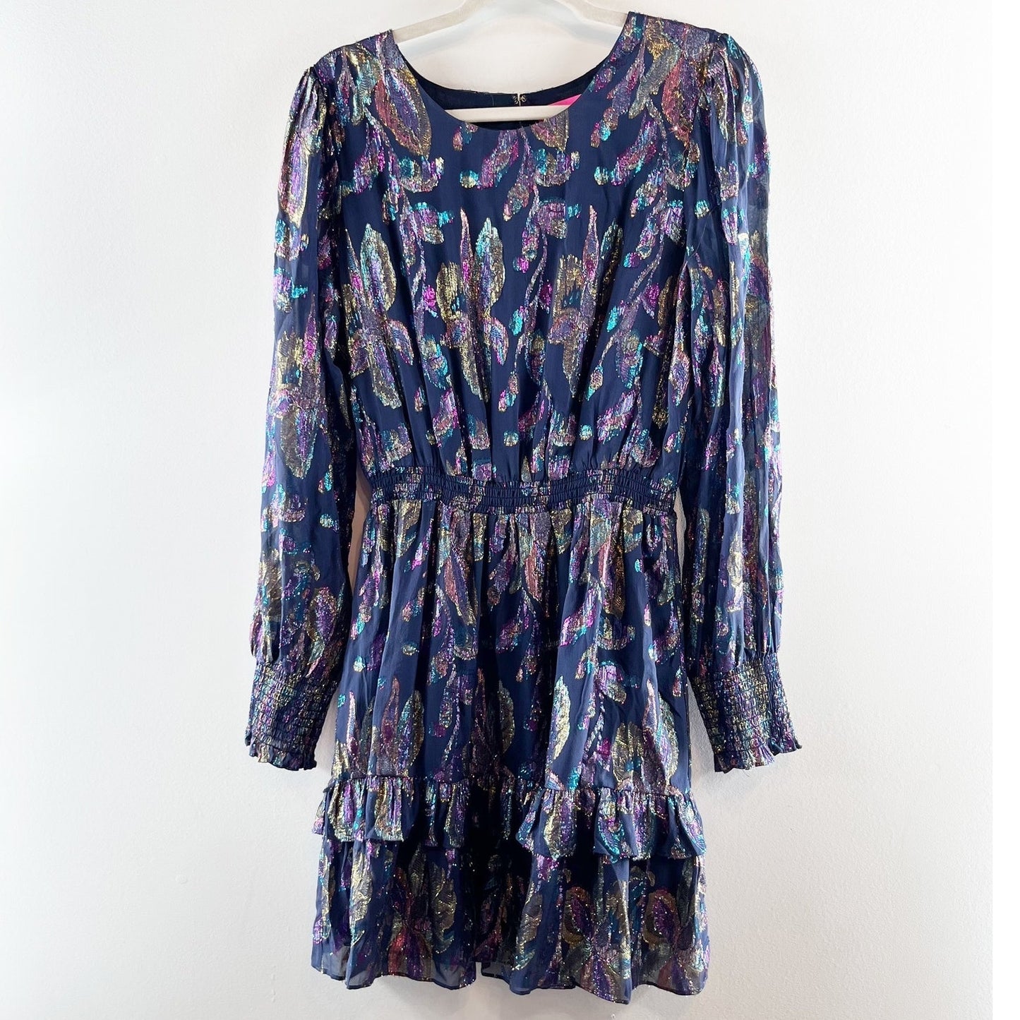 Lilly Pulitzer Dotti Long Sleeve Floral Ruffle Hem Metallic Mini Dress Blue 14