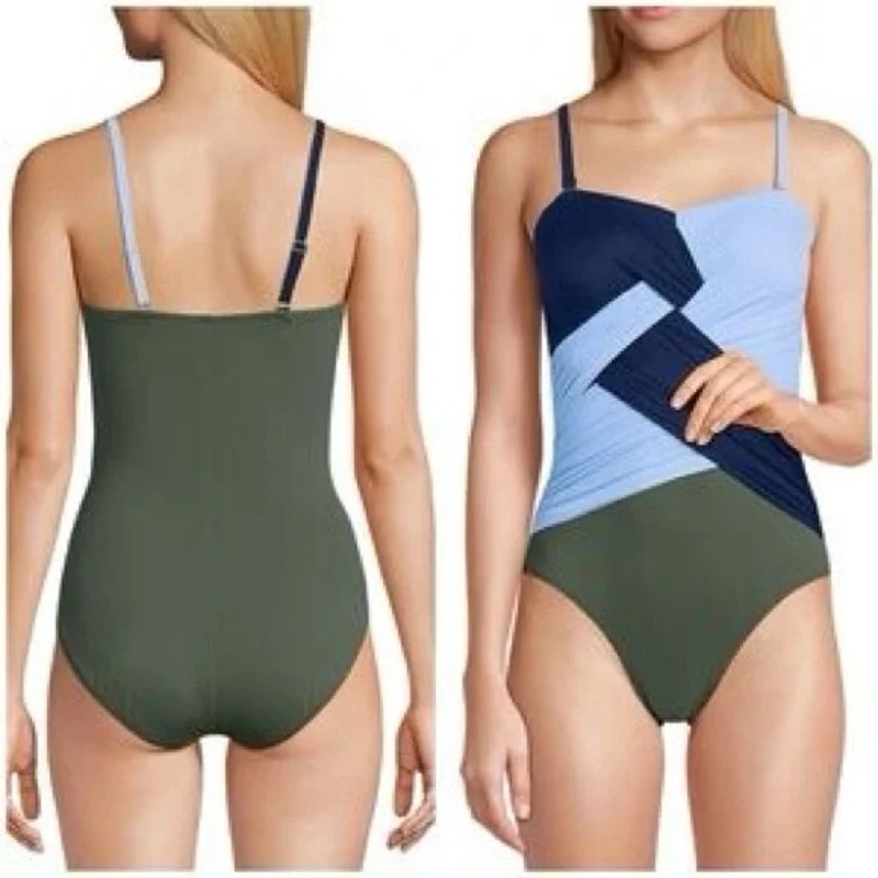 Lands' End Colorblock One Piece Swimsuit Blue Green 12
