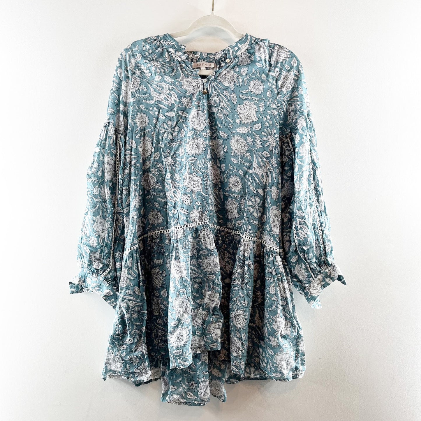 Marea The Apres Beach Long Sleeve Cotton Mini Dress in Blue Hibiscus XS / S