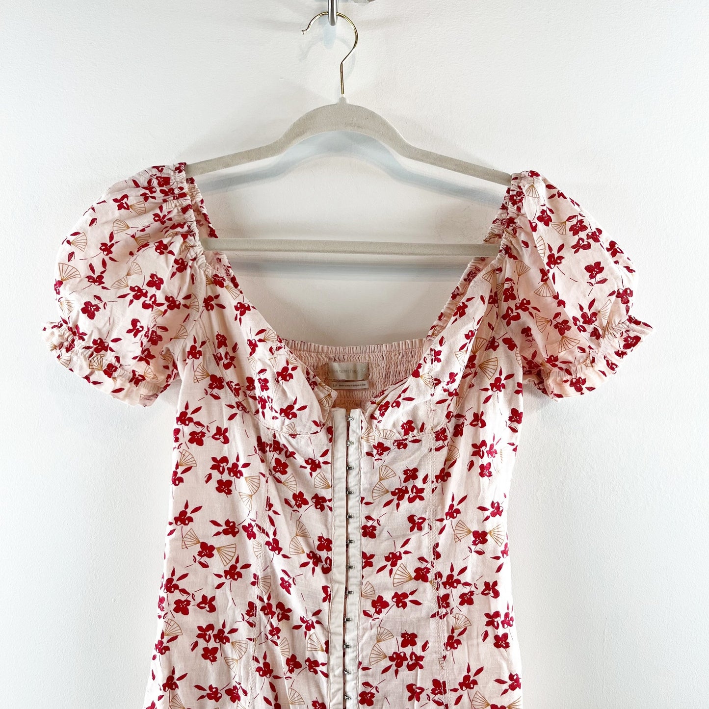 Urban Outfitters Britney Hook & Eye Puff Short Sleeve Mini Dress White Red Small