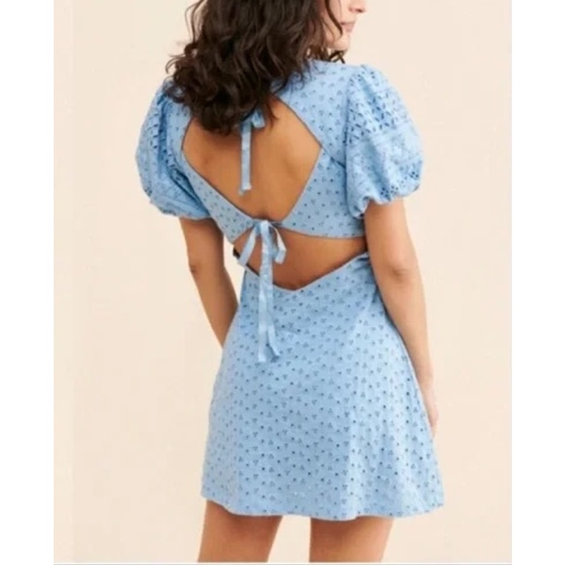 Free People Apricot Rose Puff Short Sleeve Eyelet Lace Mini Dress Blue Large