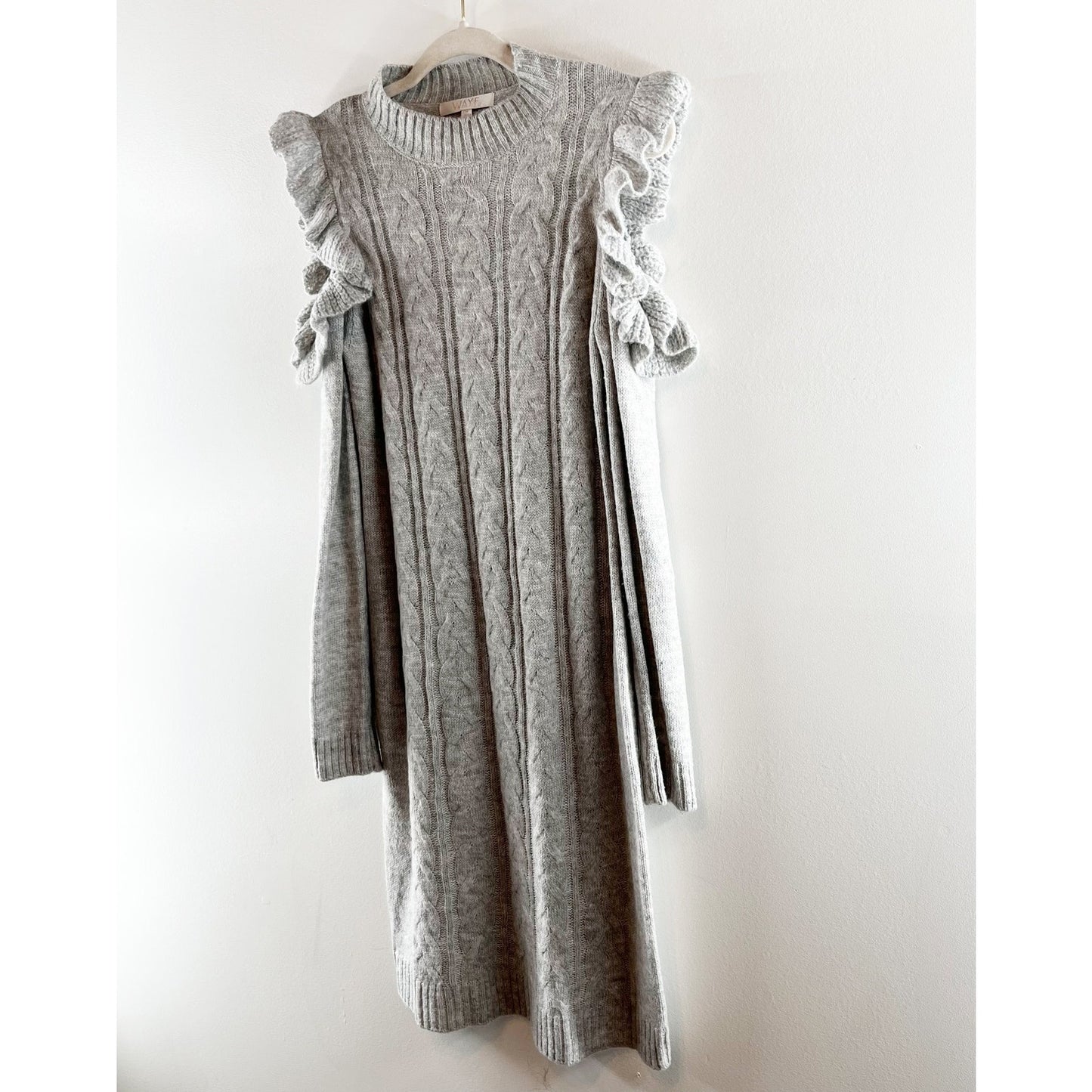 Wayf Mock Neck Cold Shoulder Cable Knit Mini Sweater Dress Oatmeal/Grey Medium