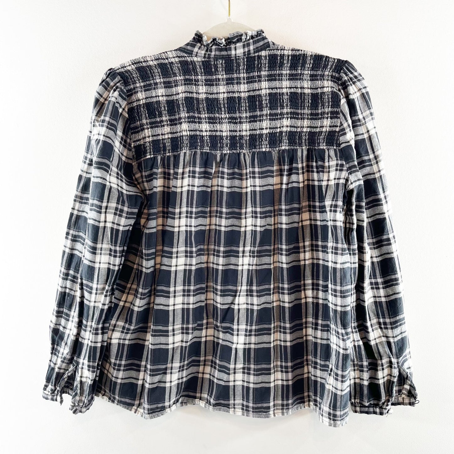 J. Crew Ruffleneck Flannel Popover Blouse Top Berkshire Plaid Black White Small