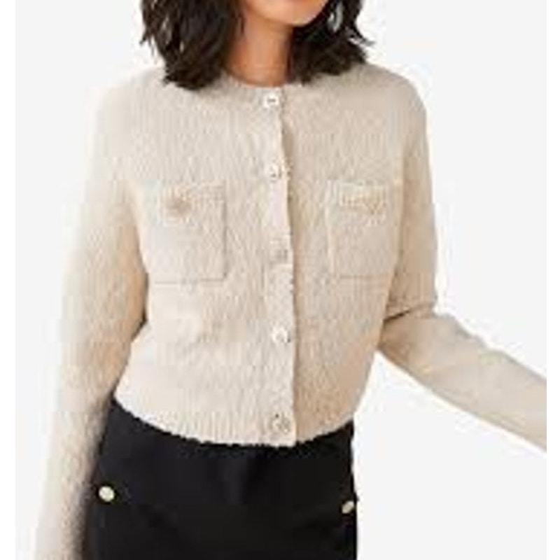 H&M Bouclé Long Sleeve Pocket Button-Front Cardigan Sweater Cream Small