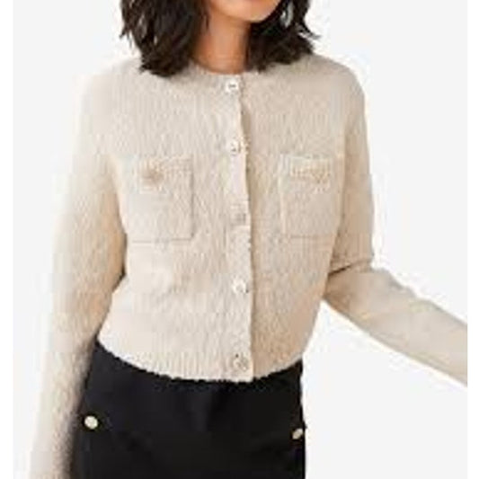 H&M Bouclé Long Sleeve Pocket Button-Front Cardigan Sweater Cream Small