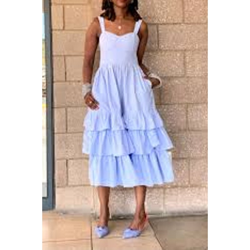 H&M Cotton Poplin Tiered Ruffle Midi Dress Powder Light Blue 10