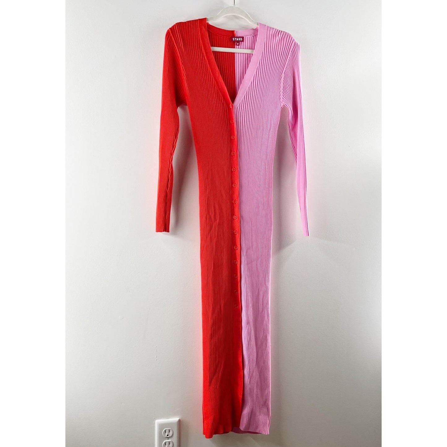 STAUD Long Sleeve Ribbed Shoko Colorblock Midi Sweater Dress Pink Red Medium