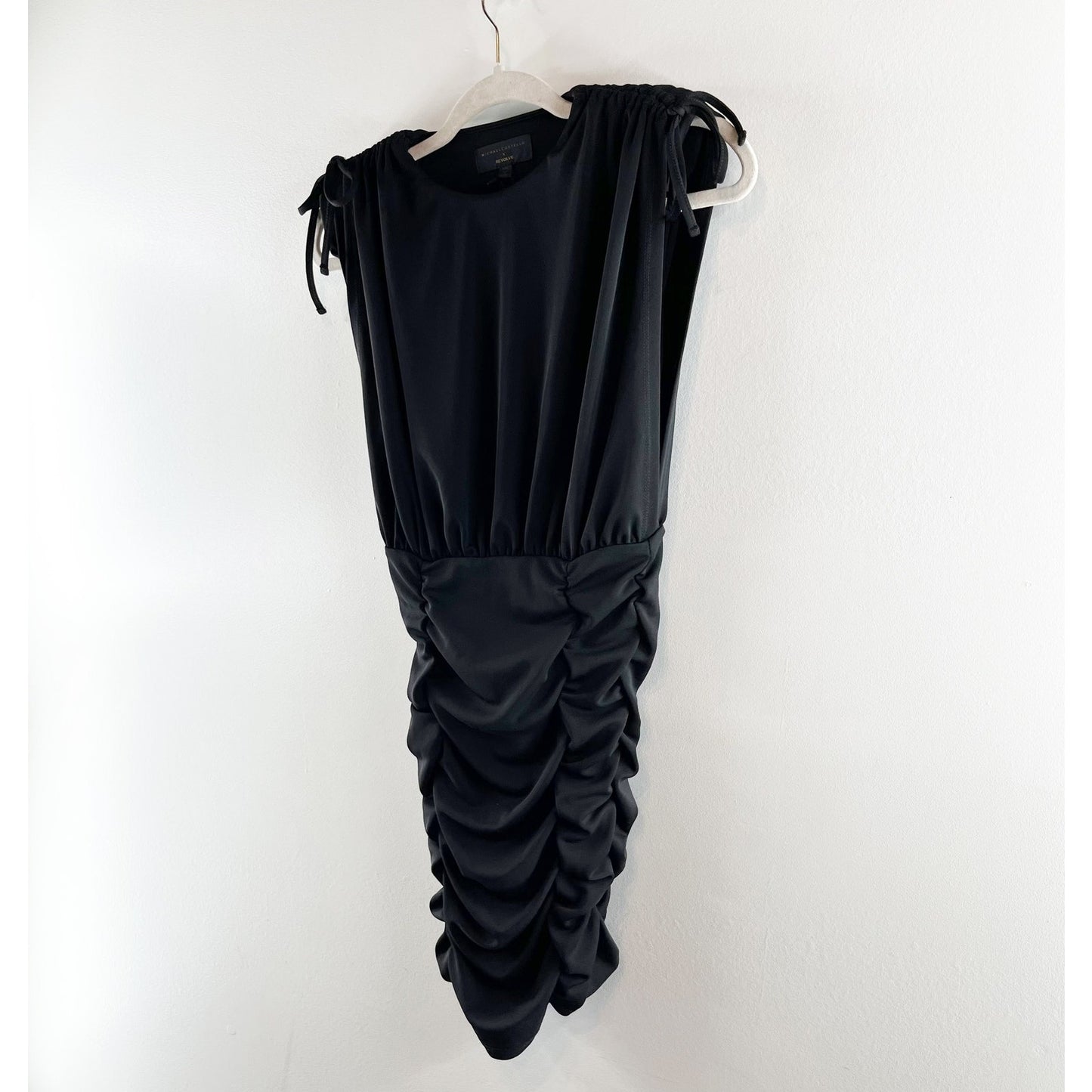 Michael Costello x Revolve Kirsten Ruched Tie Shoulder Mini Dress Black XXS