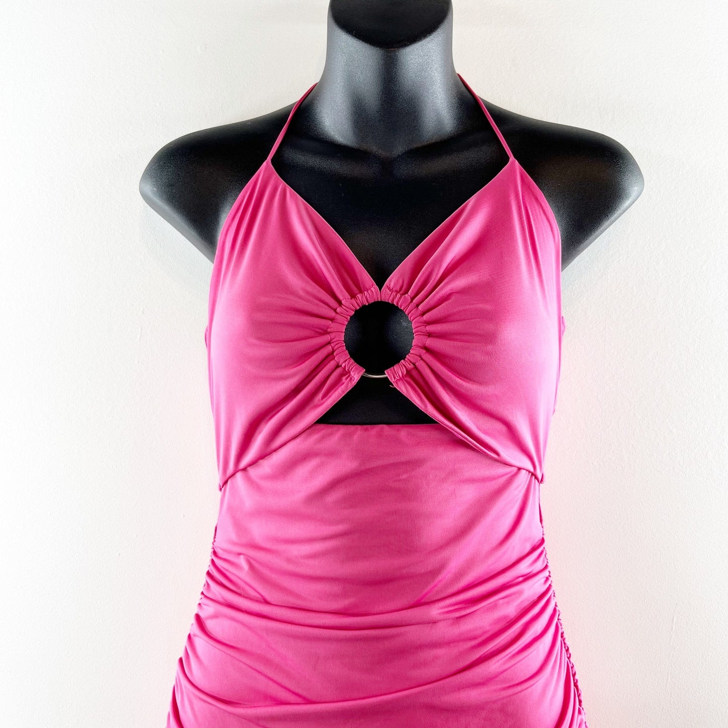 Lucy In The Sky Ruched Halter Key Ring Cutout Bodycon Mini Dress Pink Small