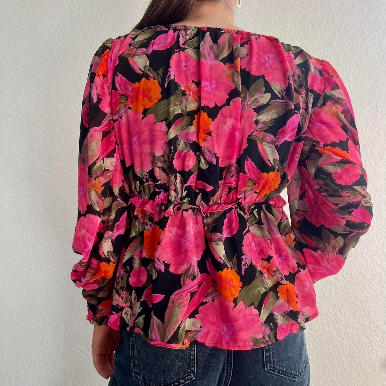 Blu Pepper Floral Print Long Sleeve Ruffle Trim Surplice Neck Blouse Pink Large