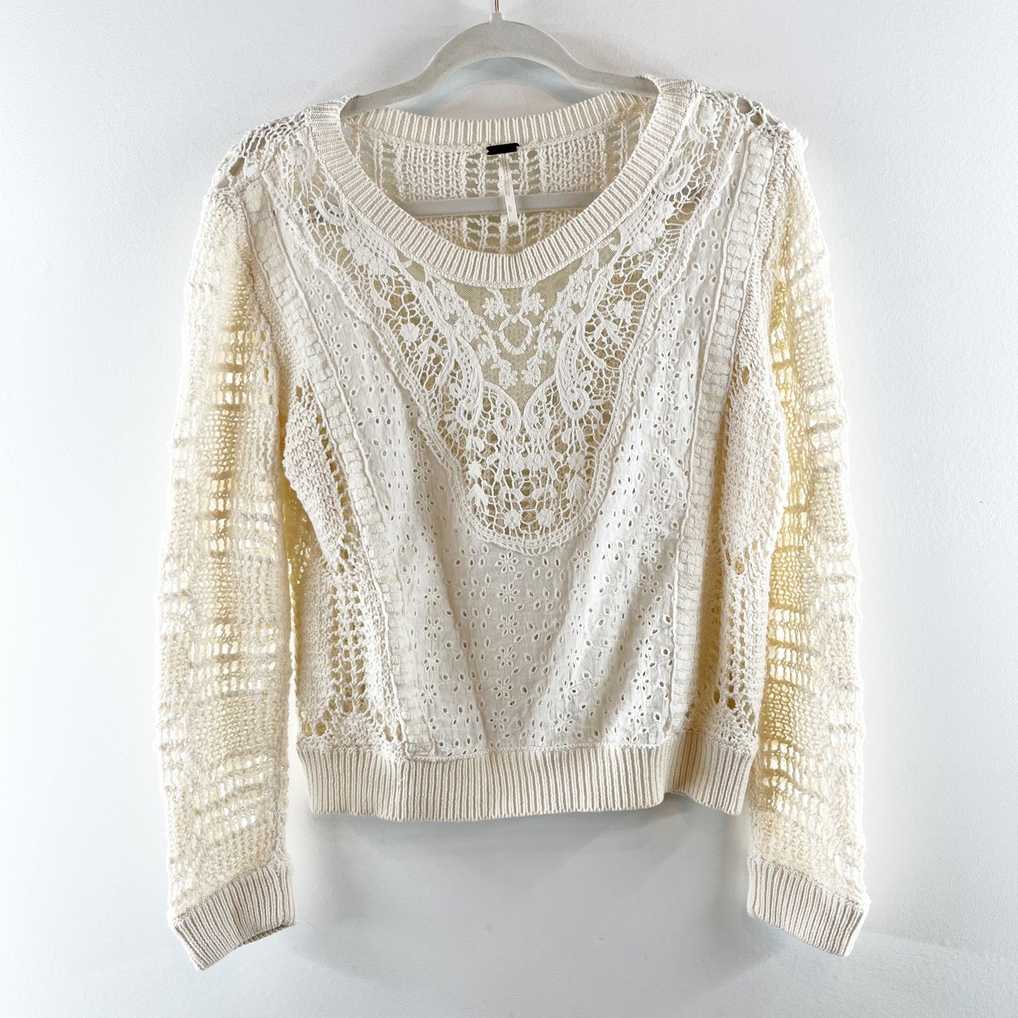 Free People Cotton Crochet Long Sleeve Crewneck Sweater Ivory Large