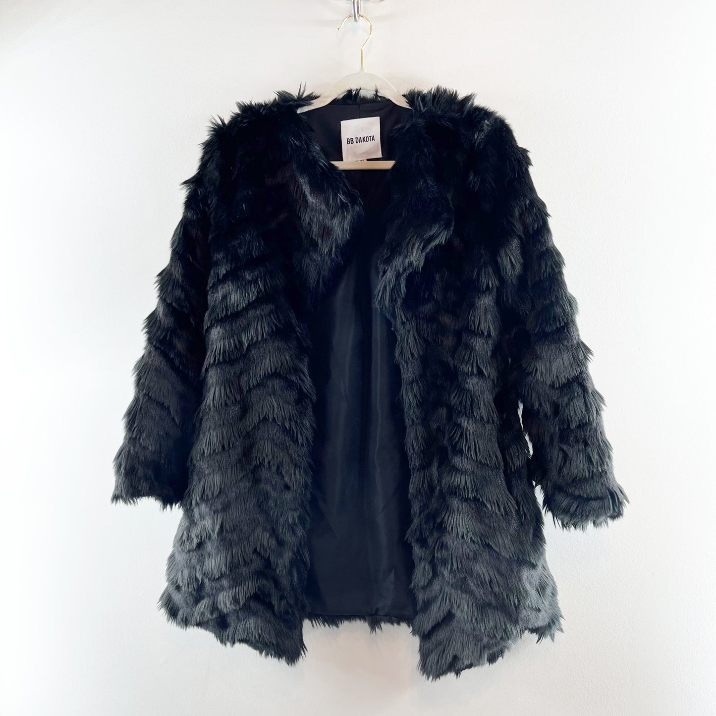 BB Dakota Its All Happening Chevron Faux Fur Winter Coat Jacket Black XS