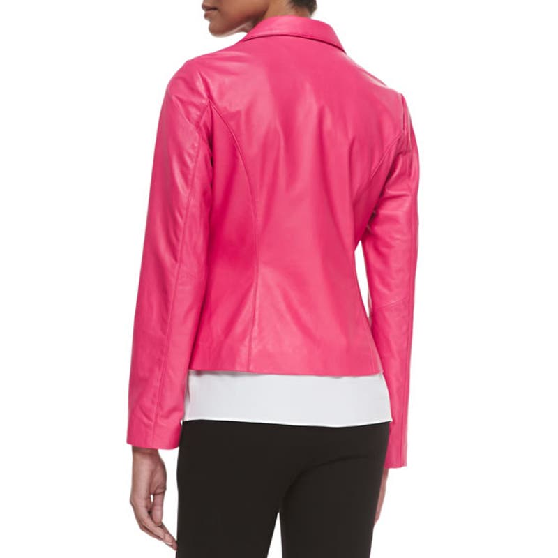 Neiman Marcus 100% Leather Moto Biker Zip Up Jacket Pockets Pink Small