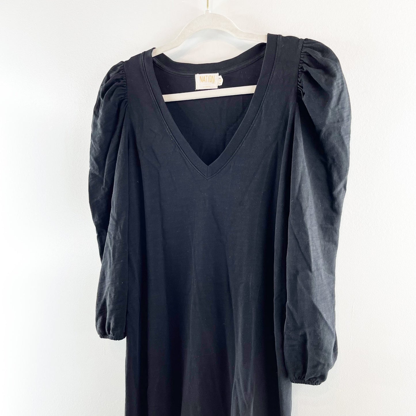 Nation LTD Danika Puff Sleeve Cotton Flounce Hem Mini Dress Black