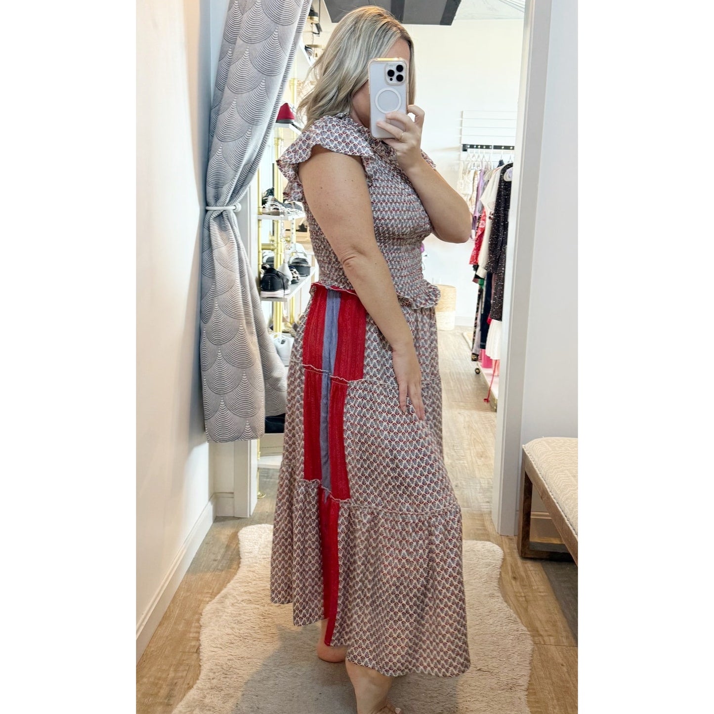 Perry Walker Collective Drop Waist Smocked Patchwork Maxi Dress Red Small
