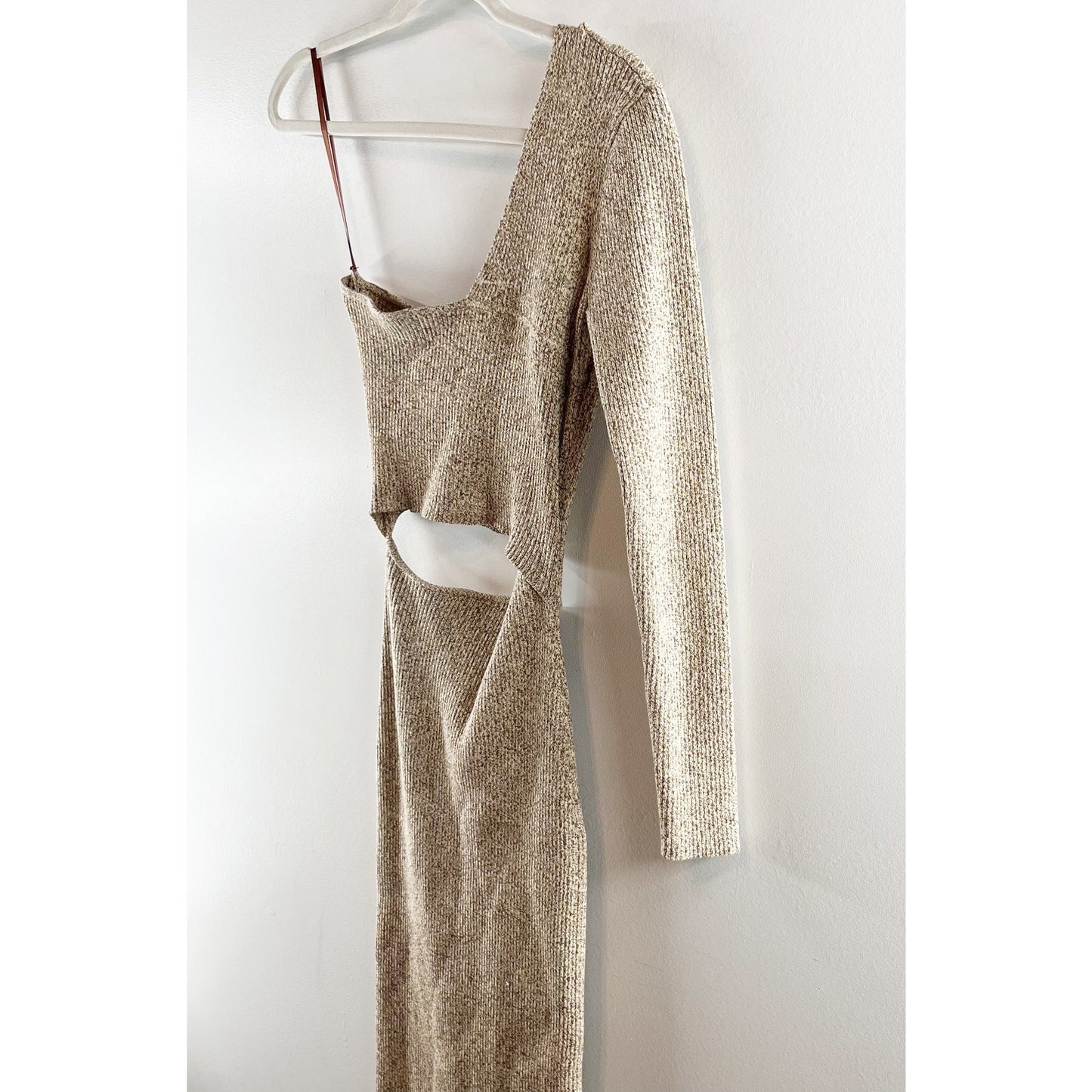 Ronny Kobo Lorraine One Shoulder Cutout Knit Bodycon Midi Dress Beige Medium