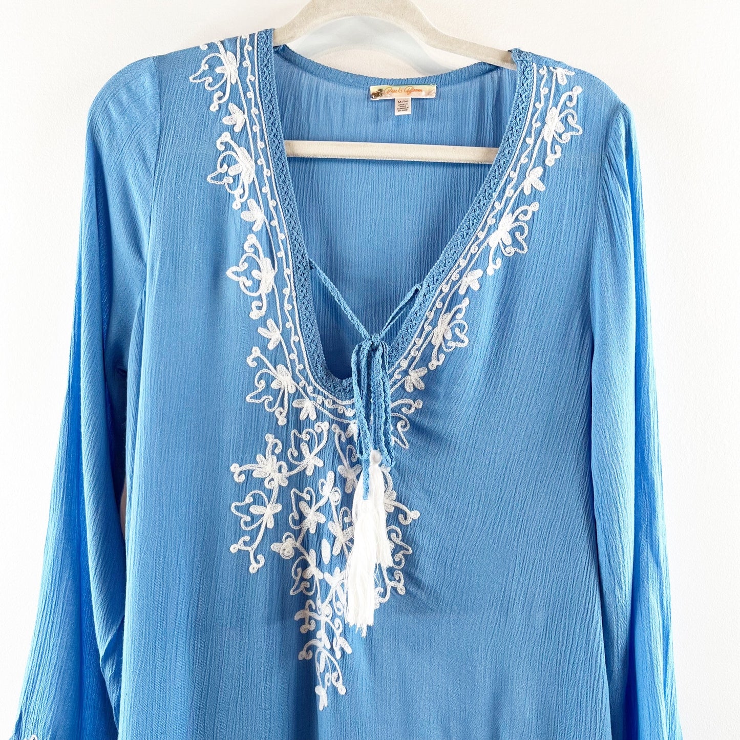 Rise and Bloom Embroidered Long Sleeve Tie Neck Maxi Dress Blue Medium