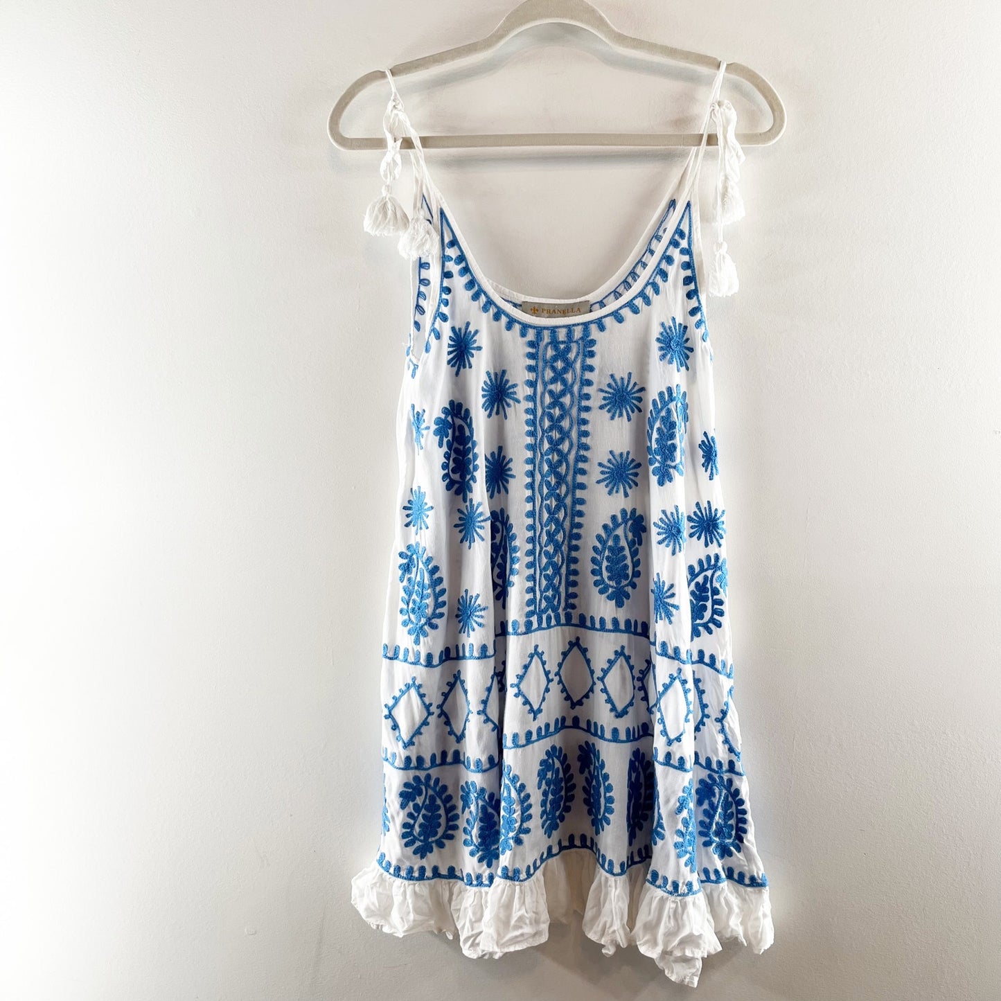 Pranella Tie Strap Embroidered Swim Mini Cover Up Dress White Blue Small