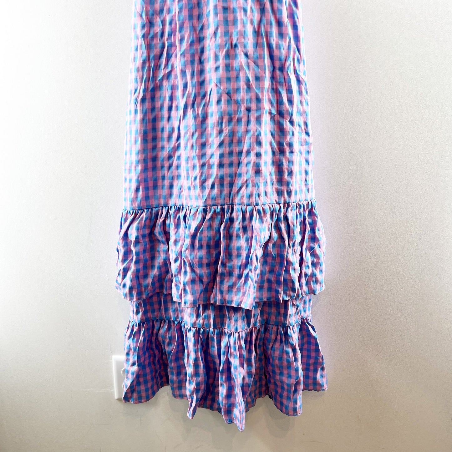 Entro Gingham Print Flutter Sleeve Square Neck Maxi Dress Purple Pink Medium