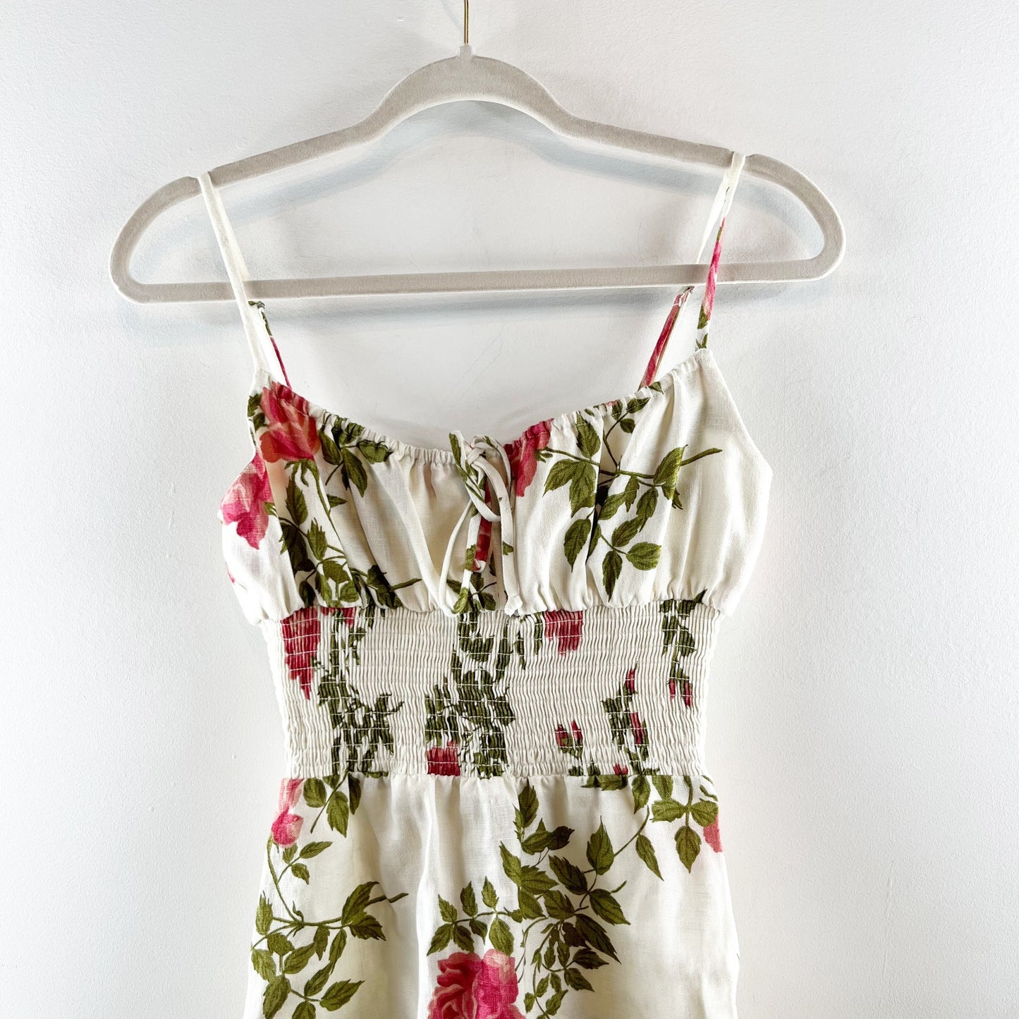 Reformation Rosemary Floral Print Linen Smocked Waist Mini Dress White 4