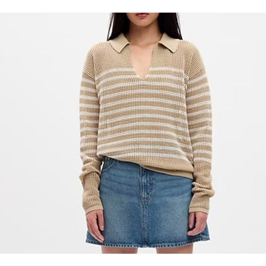 GAP Long Sleeve Crochet Collared Sweater Tan Beige Small