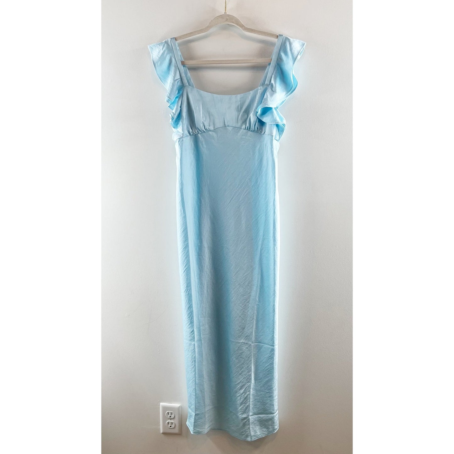 Madewell Flutter Ruffle Sleeve Satin Maxi Slip Dress Clarity Blue 6