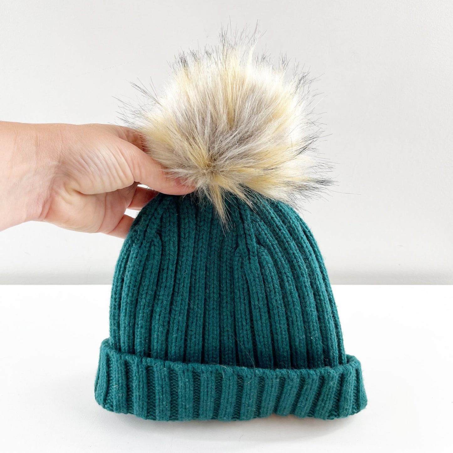 J. Crew Ribbed Faux Fur Pom Pom Beanie Wool Blend Hat Green