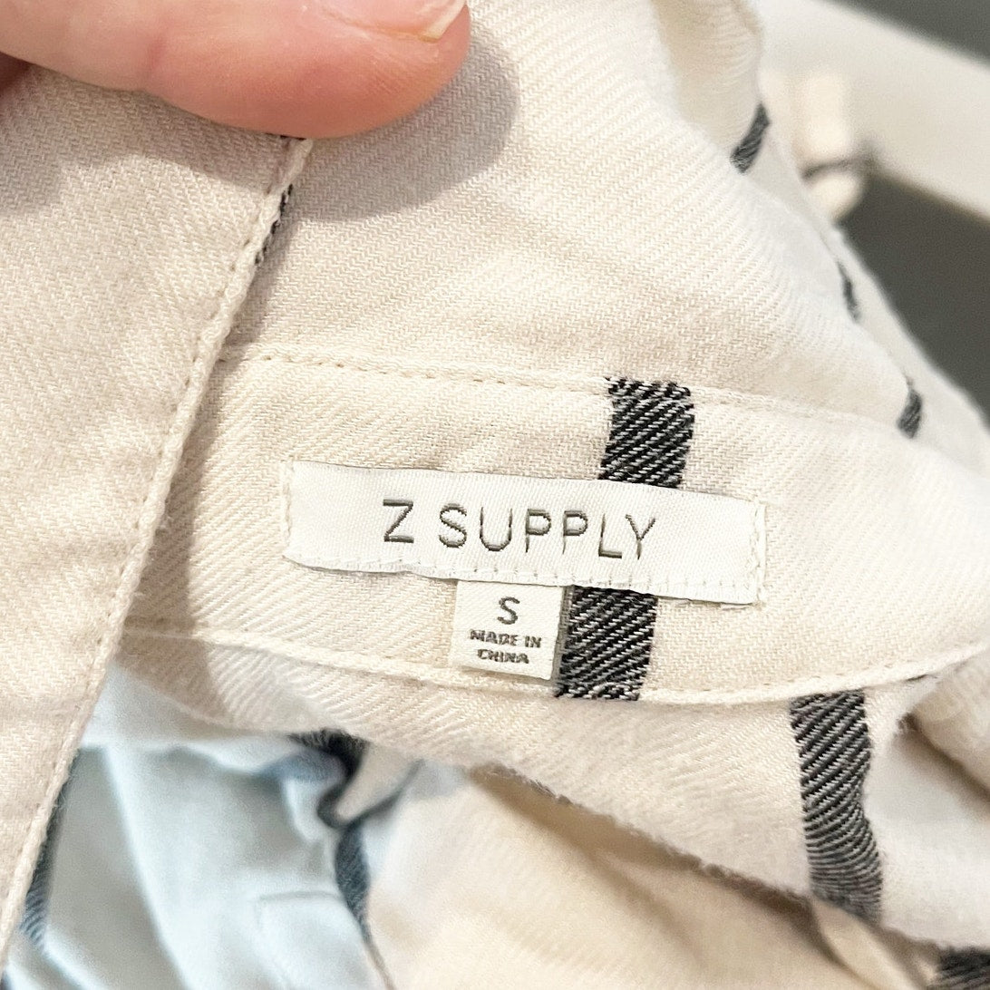 Z Supply River Windowpane Long Sleeve Pocket Button Up Shirt Cream Black Small