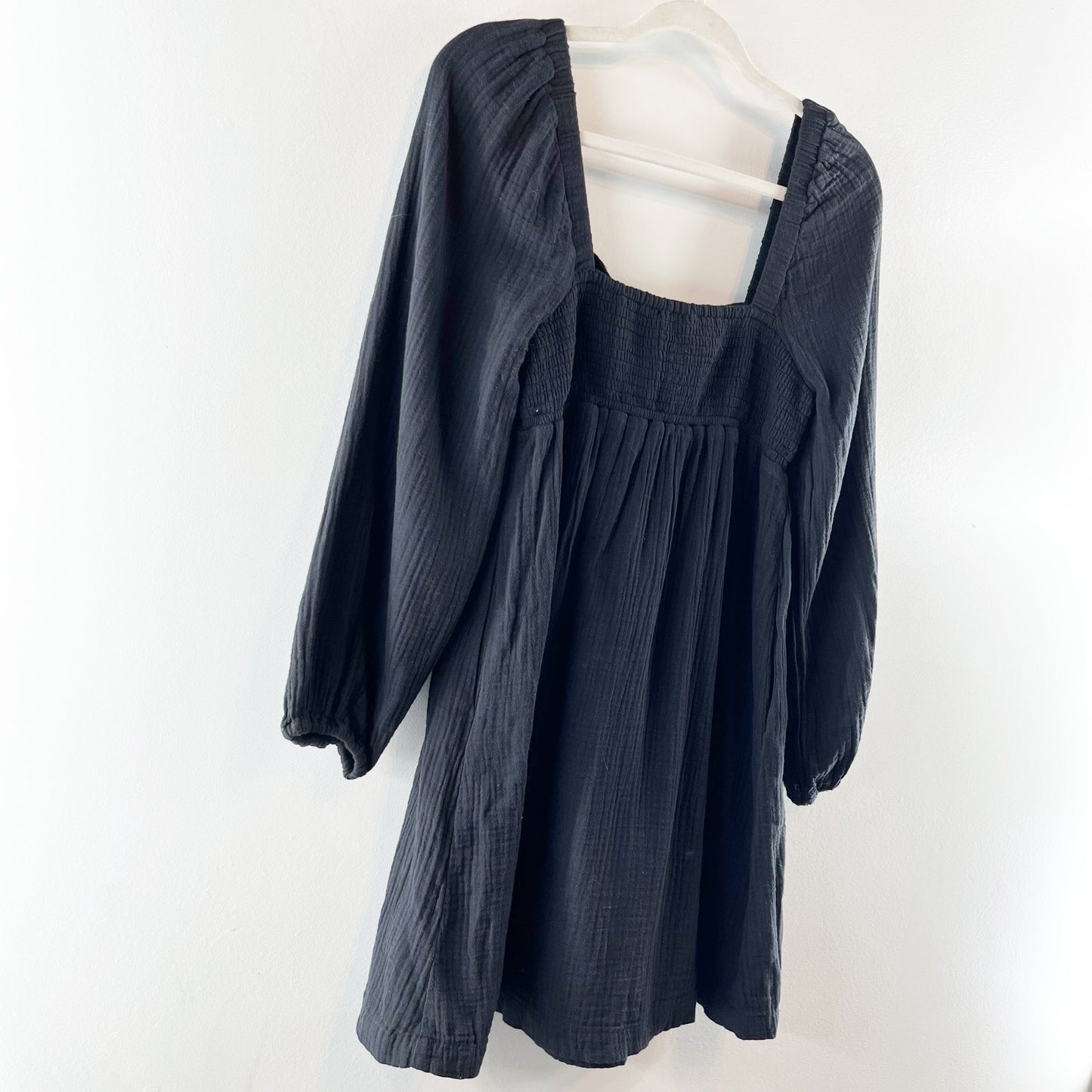 J. Crew Soft Gauze Cotton Long Sleeve Smocked Square-Neck Mini Dress Black XS