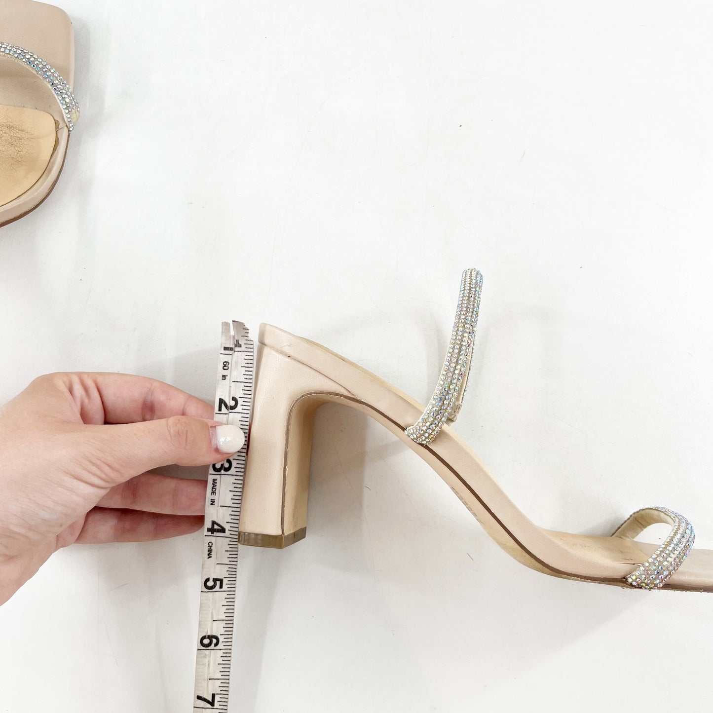 XOXO Folee Double Rhinestone Square Toe Block Heel Sandals Nude 7.5