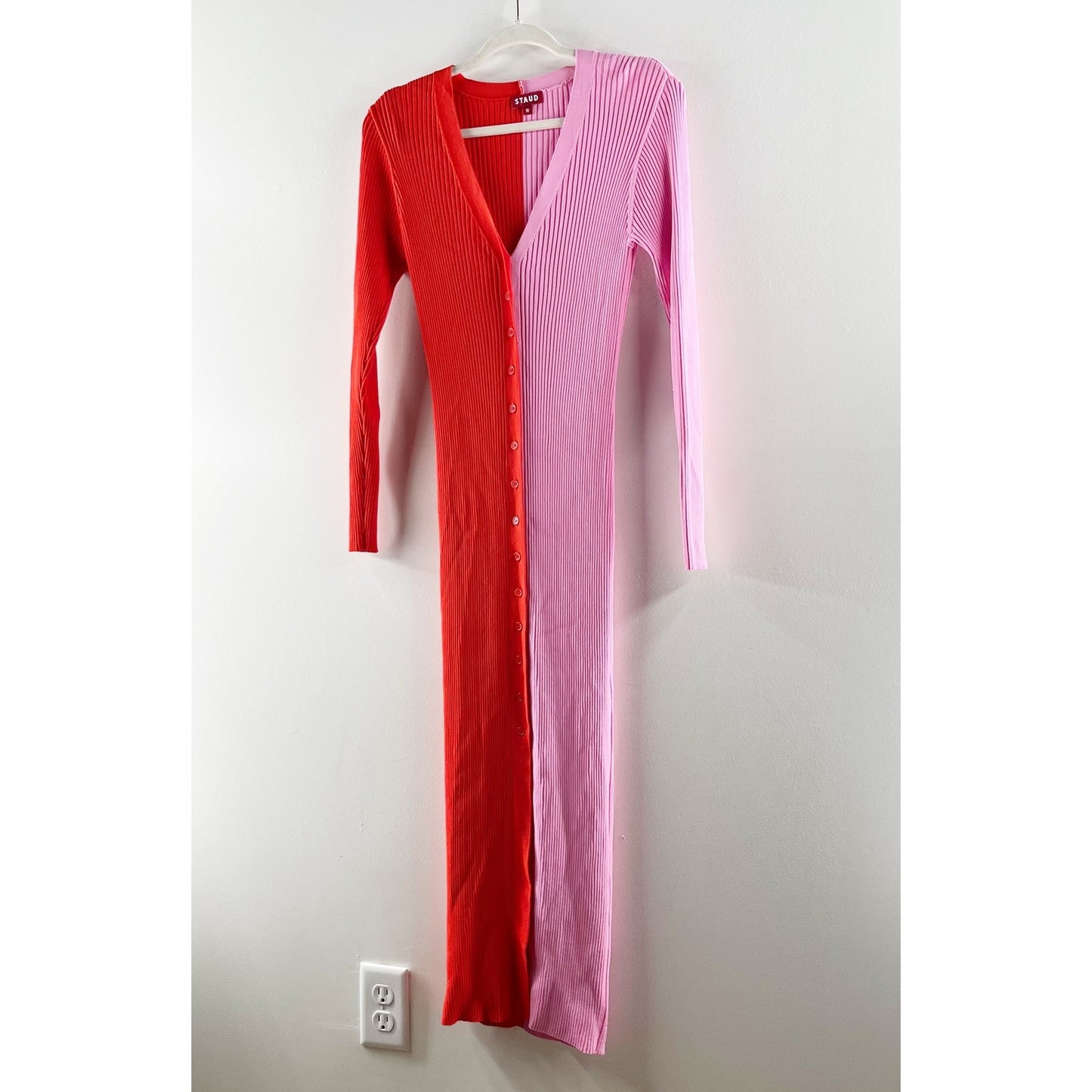 STAUD Long Sleeve Ribbed Shoko Colorblock Midi Sweater Dress Pink Red Medium