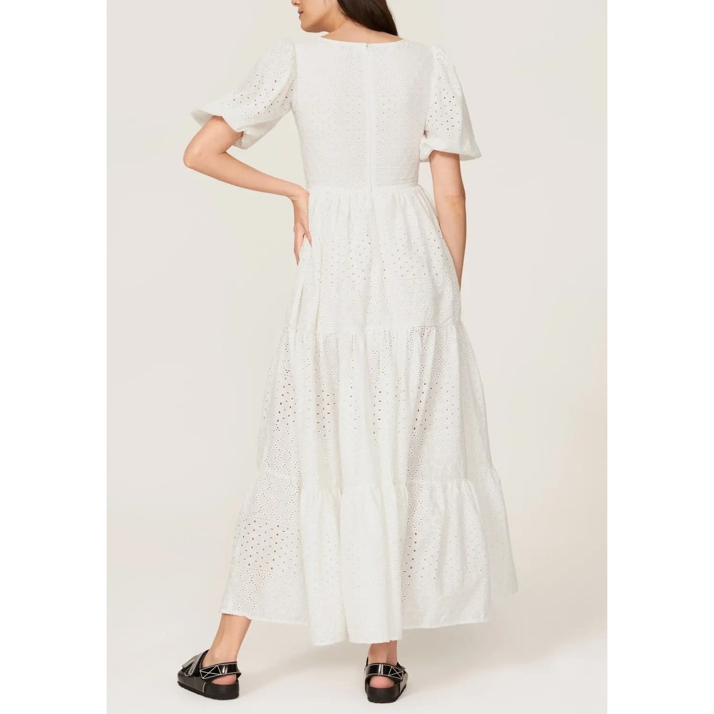 Mille Maja Short Puff Sleeve Eyelet Lace Maxi Dress in Pearl White Small
