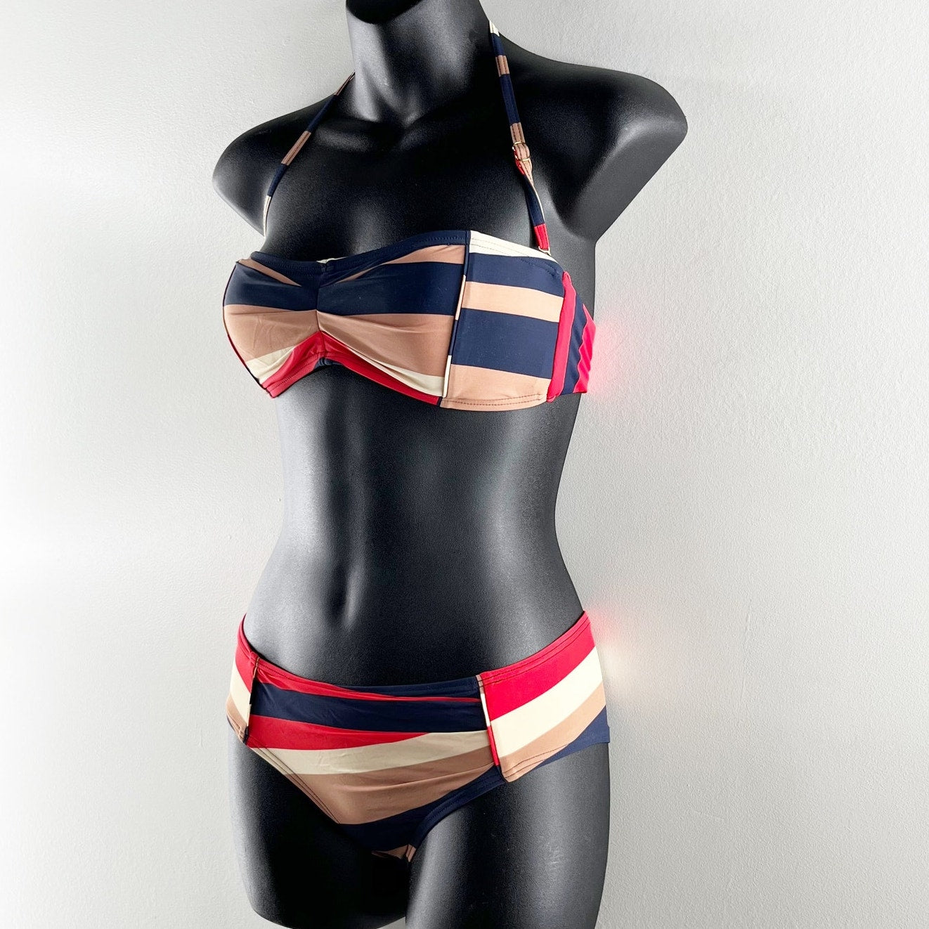 Marc Jacobs Removable Halter Mid Rise Stripe Bikini Navy Red Tan Small / Medium