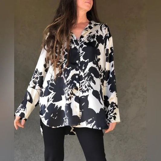 ZARA Long Sleeve Button Up Satin Floral Shirt Top Blouse Black White Medium