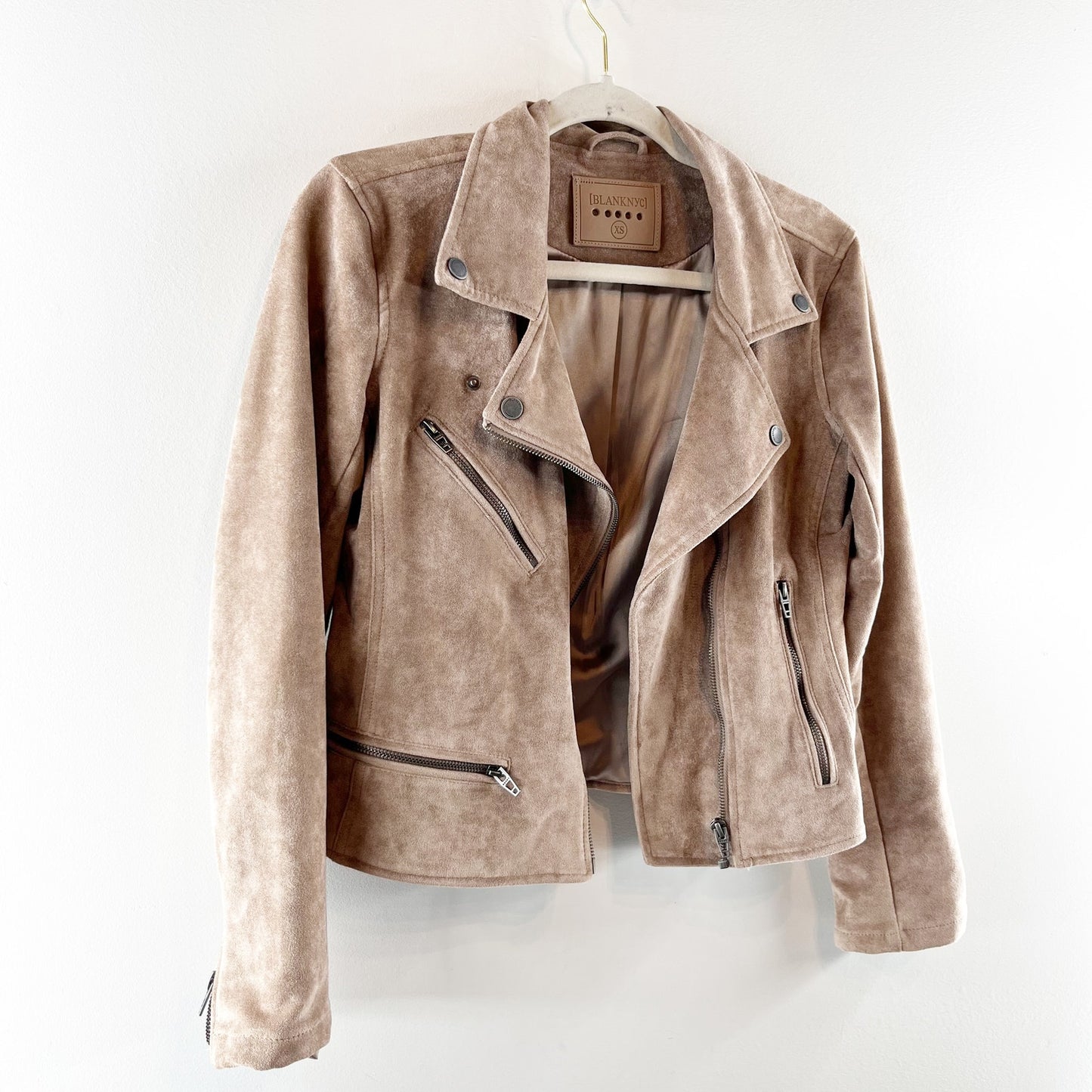 Blank NYC Faux Suede Long Sleeve Moto Jacket Tan Beige XS
