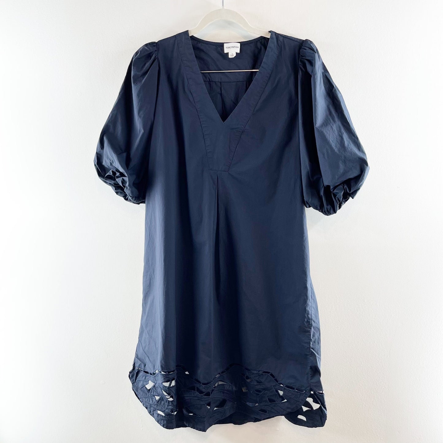 ForCynthia Puff Sleeve V Neck Tunic Cotton Poplin Mini Dress Navy Blue Large