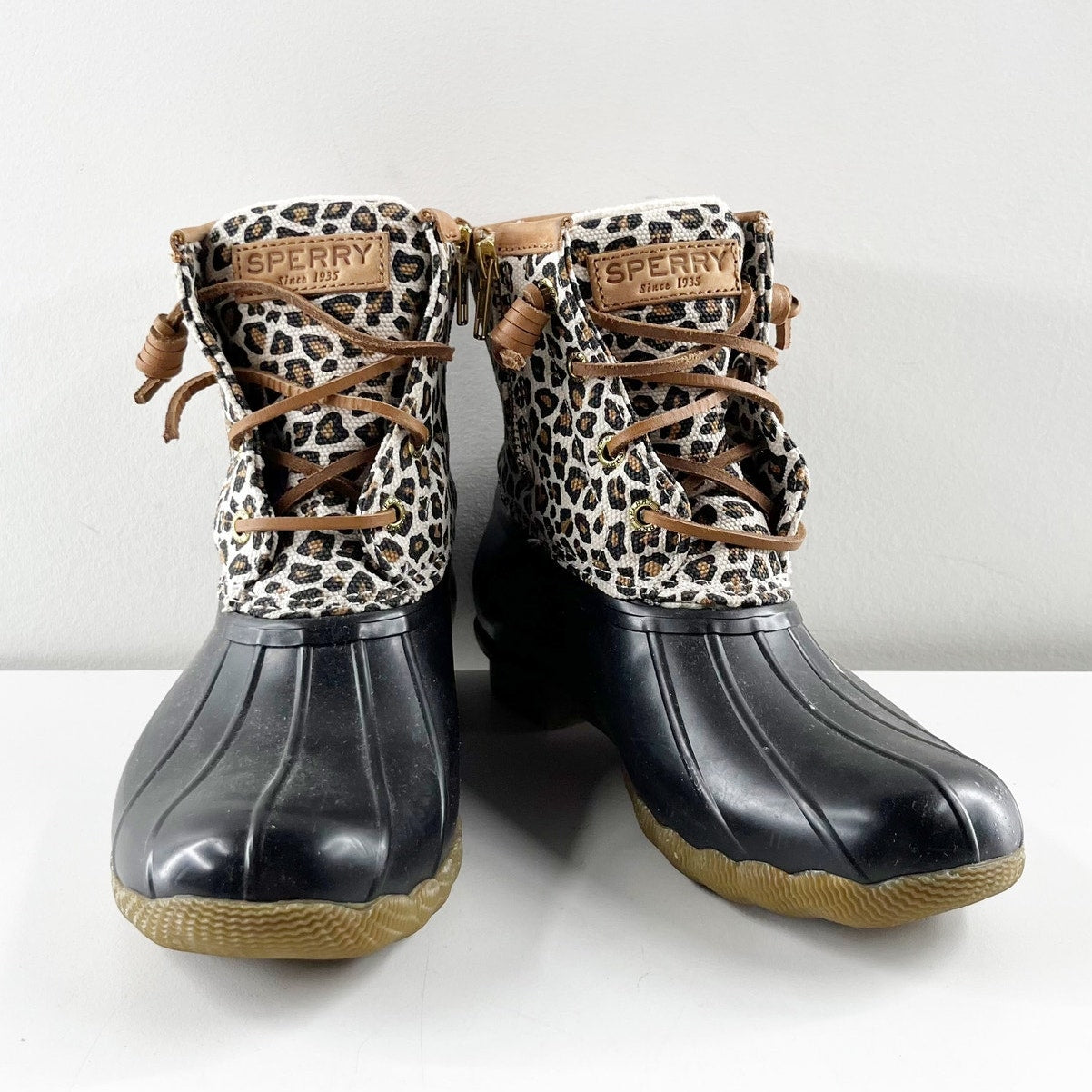 Sperry Lace Up Saltwater Rain Boots Ankle Booties Rubber Leopard 6