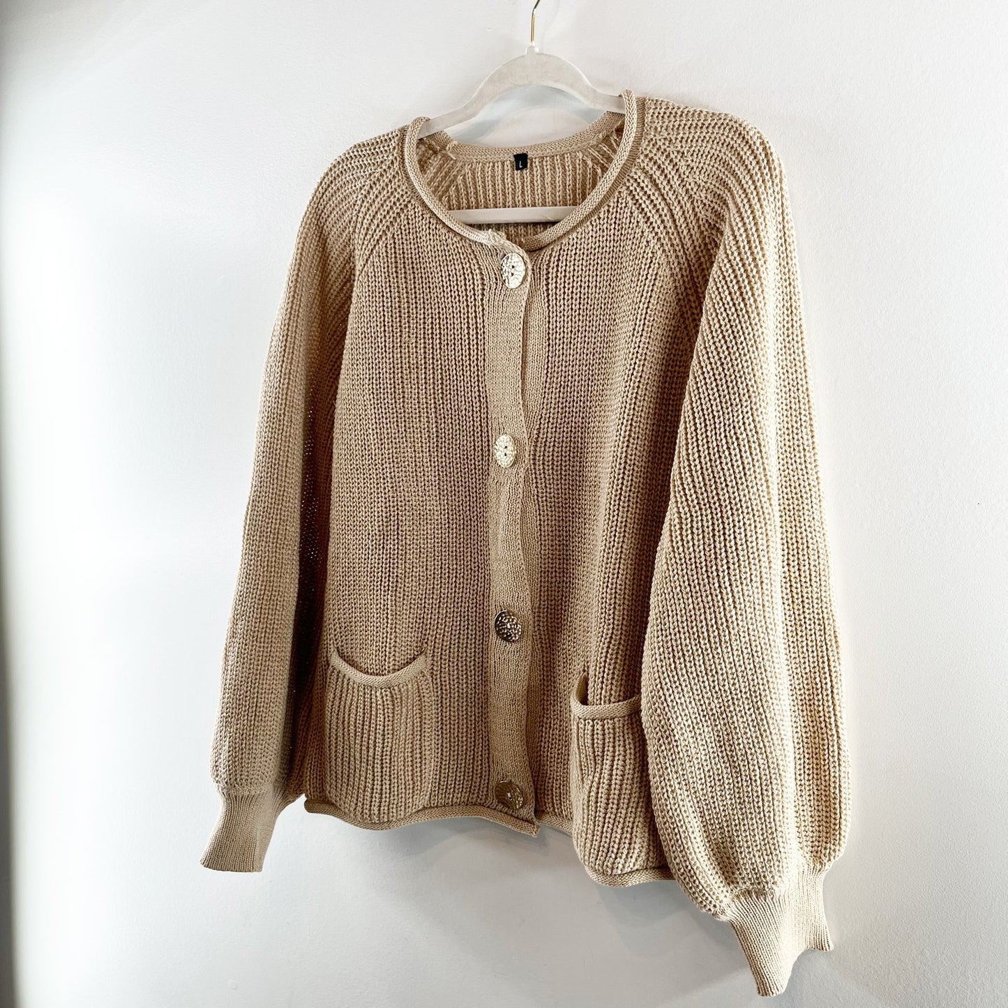 Chunky Long Sleeve Gold Button Cardigan Sweater Tan Beige Large