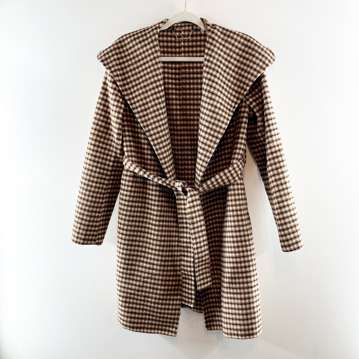 Elie Tahari Vienna Belted Wool Blend Plaid Wrap Coat Jacket Tan Small