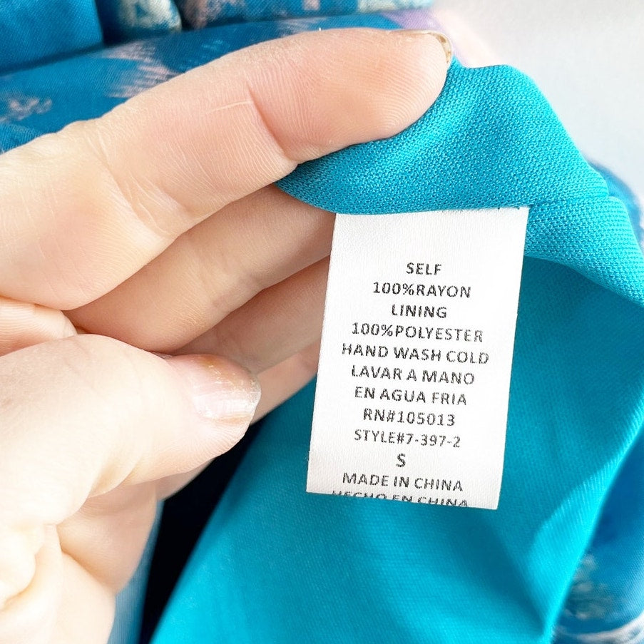 Savanna Jane Printed 3/4 Sleeve Peasant Mini Dress Teal Blue Small