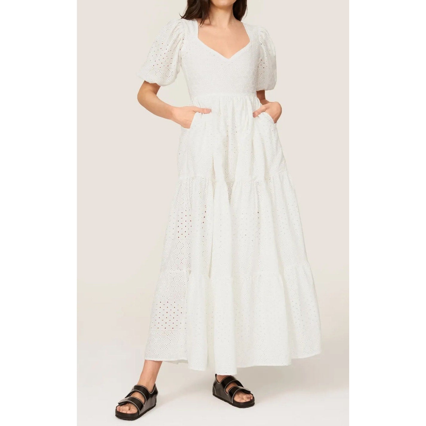 Mille Maja Short Puff Sleeve Eyelet Lace Maxi Dress in Pearl White Small