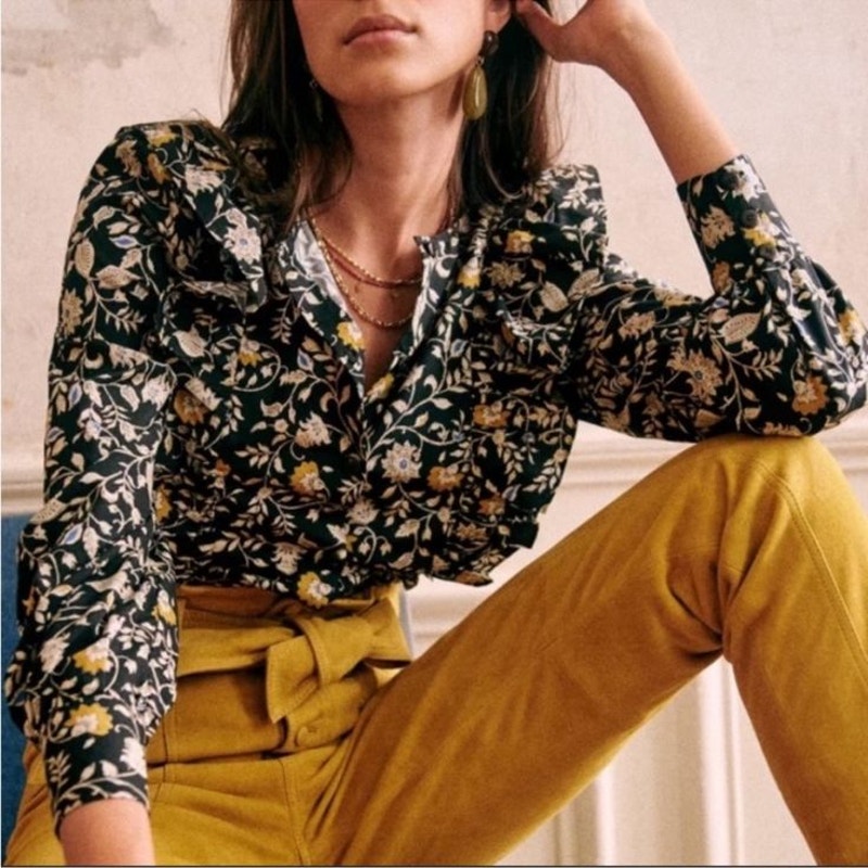 Sezane Roby Ruffle Long Sleeve Floral Cotton Poplin Blouse Black 36 / US 4