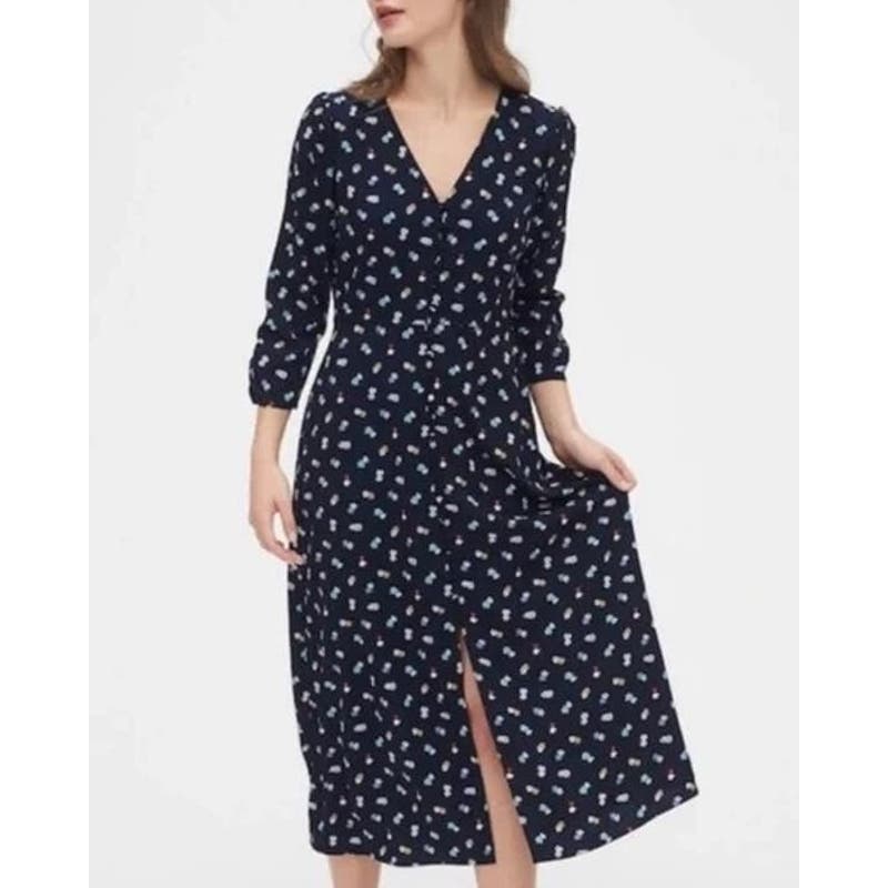 GAP Button Front Floral Midi Length Dress Navy Blue 16
