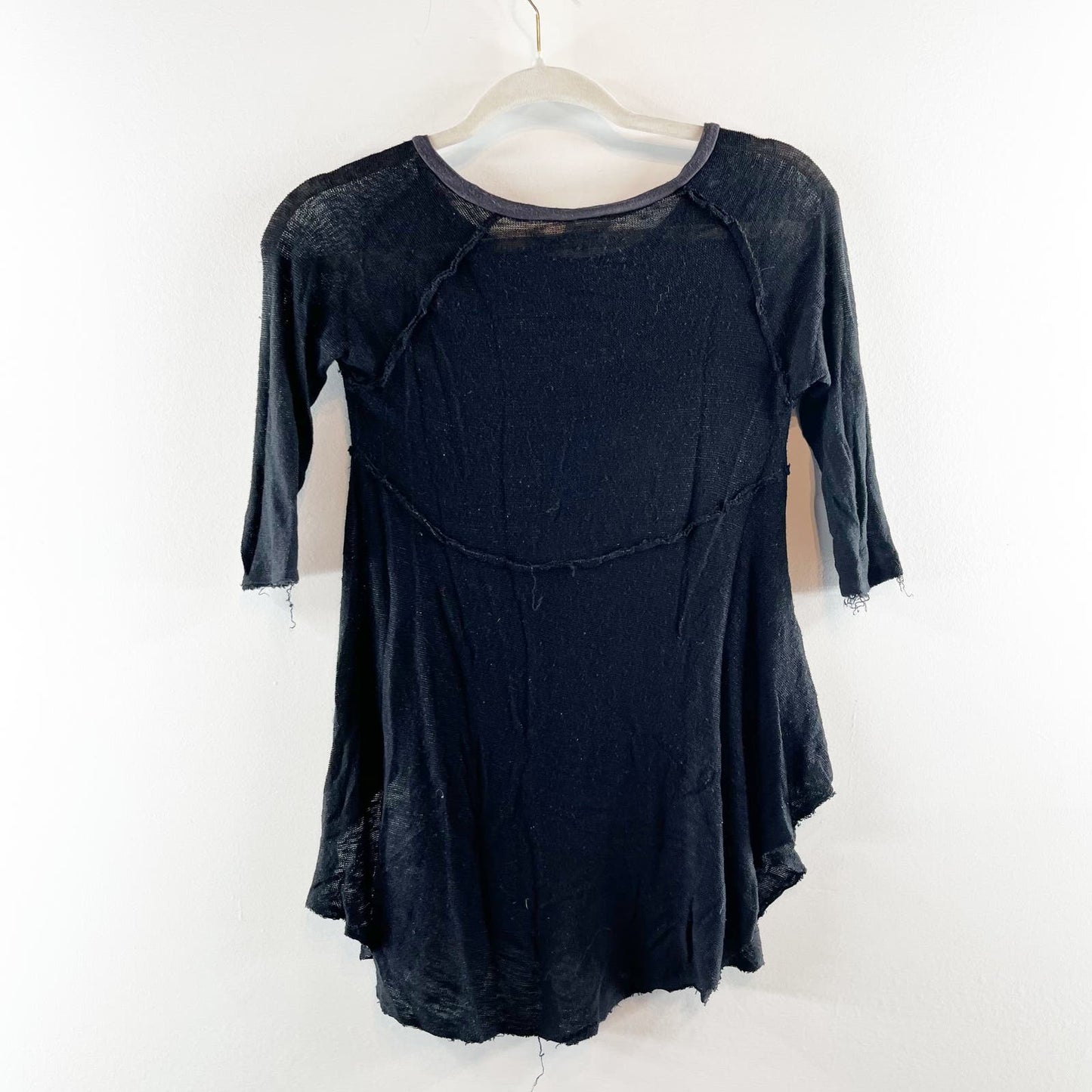 Free People Intimately Sheer Three Quarter Sleeve Weekend Layering Top Black XS