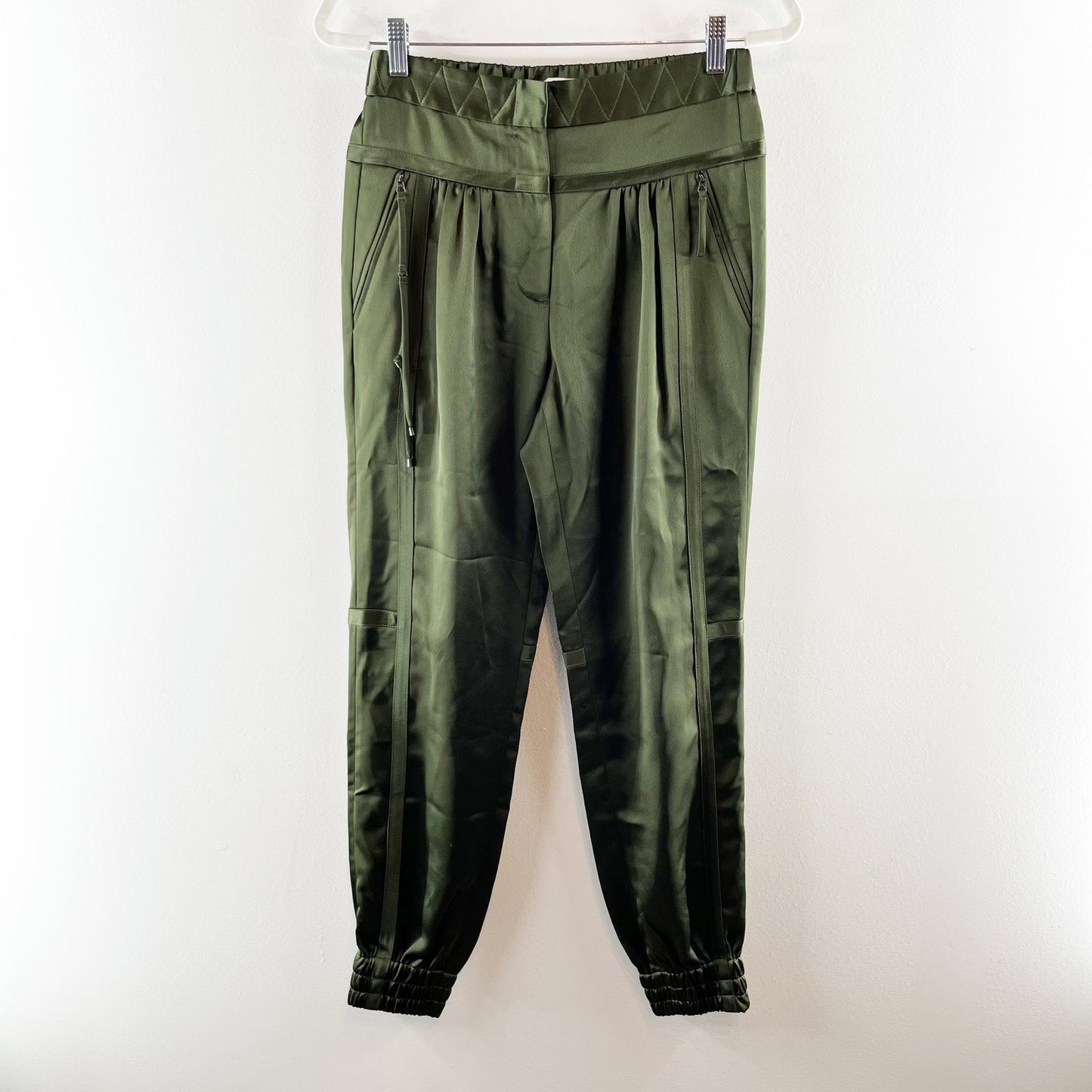 Halston Heritage Satin High Waisted Tapered Leg Joggers Pants Dark Forest Green