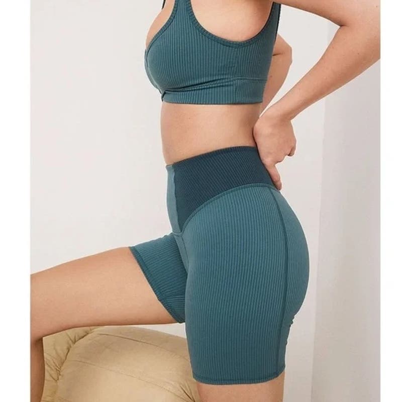 For Love & Lemons Dani Ribbed High Rise Bike Shorts Teal Green Blue Small