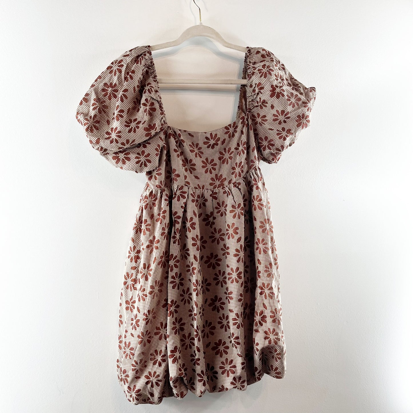 Storia Short Puff Sleeve Square Neck Floral Daisy Bubble Hem Mini Dress Brown M