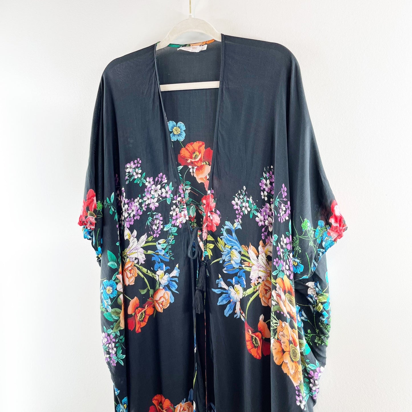 Johnny Was Flower Arch Short Sleeve Midi Kaftan Kimono Cover Up Dress Black S/M