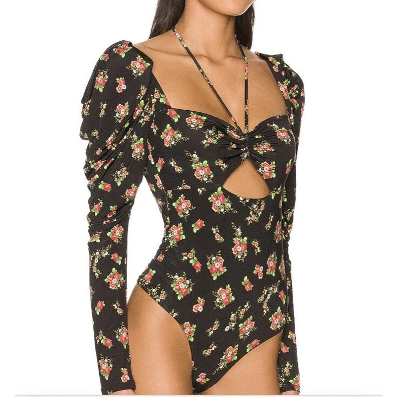 AFRM Coppelia Halter Neck Thong Bodysuit Noir Rose Garden Small